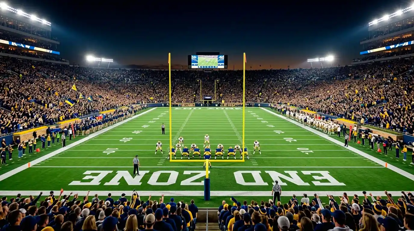 Estadio universitario estadounidense lleno durante un partido nocturno de college football