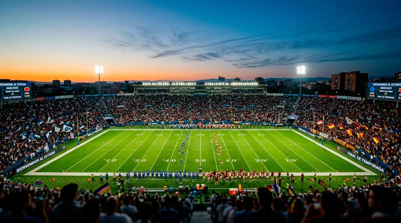 Estadio de bowl neutral iluminado durante un partido del College Football Playoff